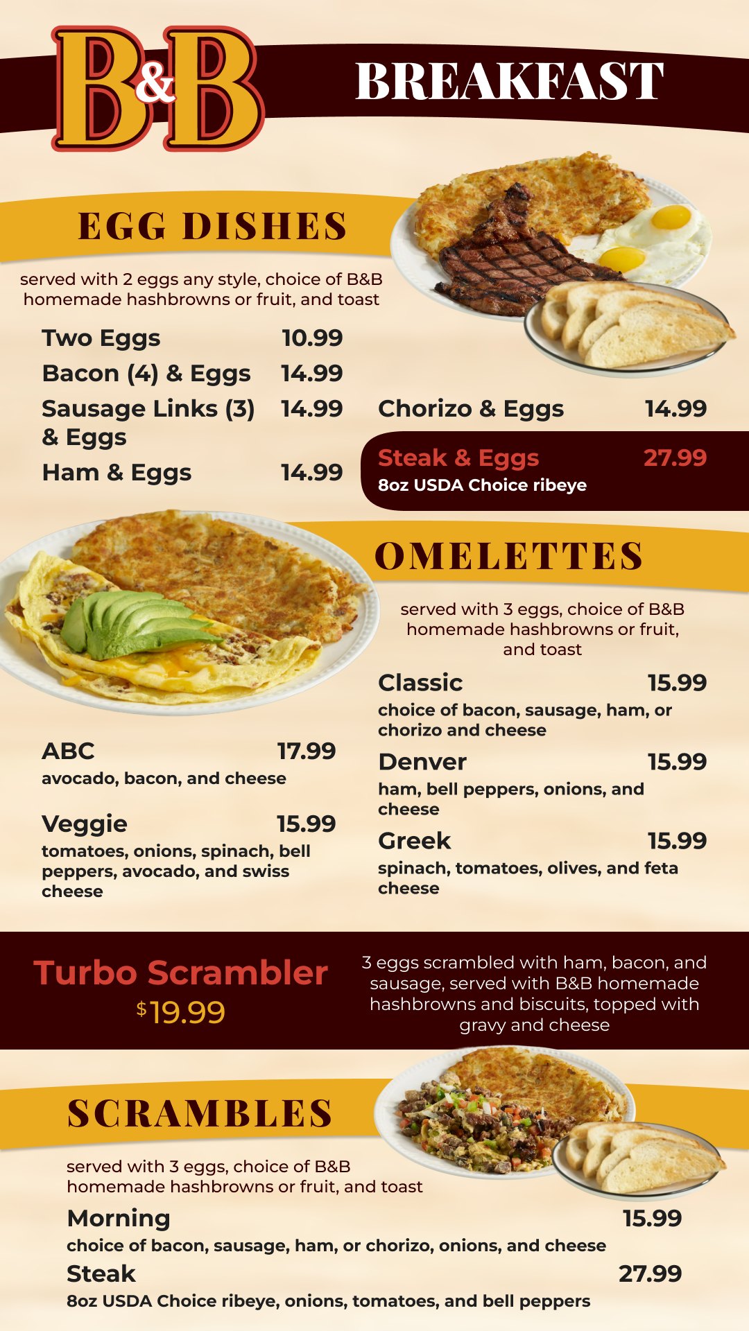 Brunch & Beyond breakfast menu: egg dishes, omelettes, and scrambles