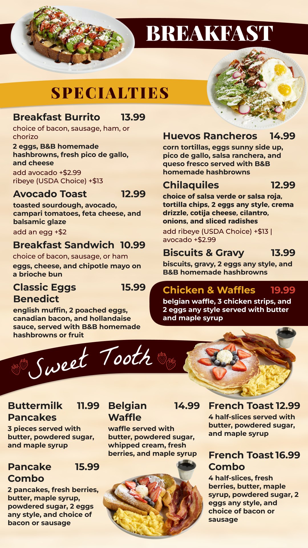 Brunch & Beyond breakfast menu: specialties and sweet tooth