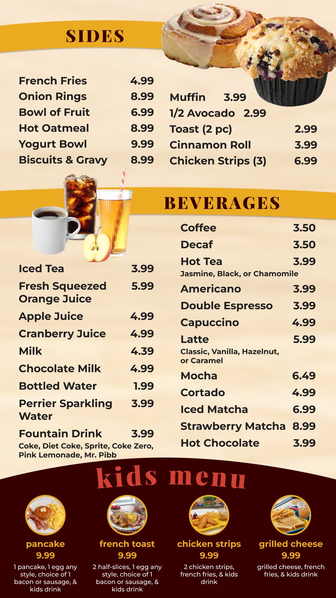 Brunch & Beyond sides, beverages, and kids menu
